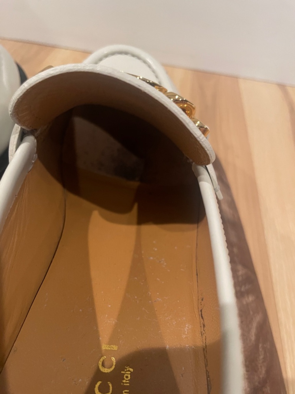 Gucci Cordovan Lux in Mysric White. Lug Sole Loafers. Navy Logo w/ Gold Chain - Picture 8 of 13